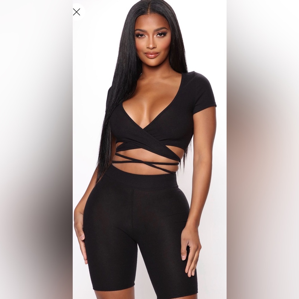 Fashion Nova All Tied Up Biker Short Set Black Wrap Crop Top Matching Set